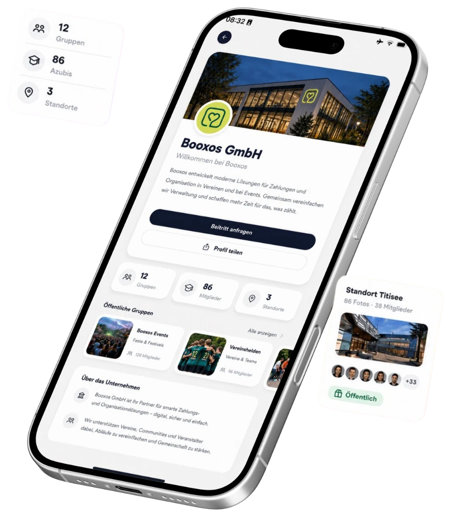 Die Mativco-App: das Unternehmensprofil eines Ausbildungsbetriebs mit Titelbild, Beitritt-anfragen-Knopf und den Kennzahlen 12 Gruppen, 86 Azubis, 3 Standorte.